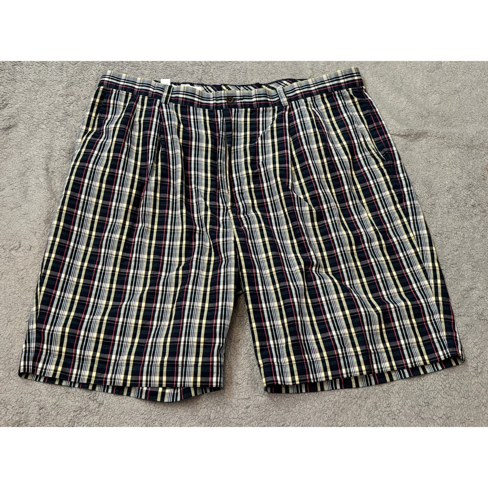 Cutter & Buck Mens 42 Plaid Pleated Cotton Shorts Navy Yellow Red Golf Casual